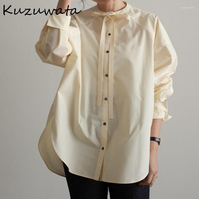

Women' Blouses & Shirts Kuzuwata Japanese Design Sense Mujer Blusa Bow Lace Up Single Breasted Split Loose Fashion Blouse Temperament OL Al, Apricot