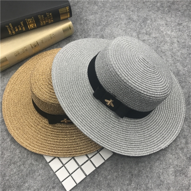 

Summer Women Boater Beach Hat Female Casual Panama Hat Lady Brand Classic Bee Straw Flat Sun Hat Women Fedora 220507, Bee ribbon gold