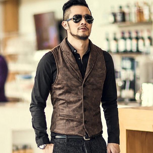 

Men' Vests Suede Slim Fit Single Breasted Vest Mens 2022 Brand Fashion Gothic Steampunk Victorian Style Waistcoat Men Casual J3033 Phin22, Black