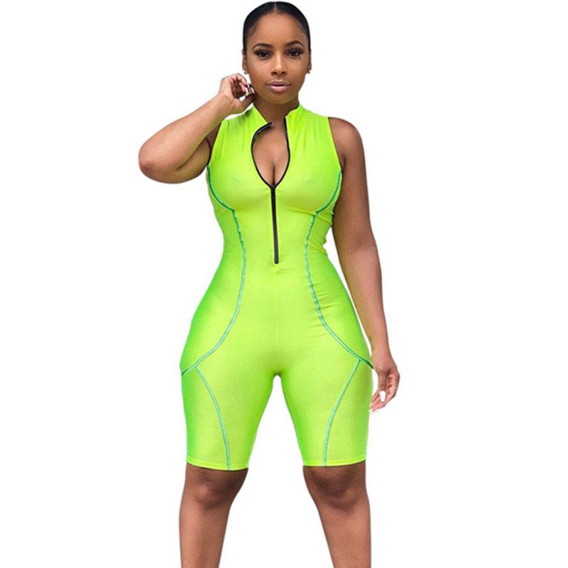 

Women' Jumpsuits & Rompers Women Fitness Playsuits Sleeveless Turtleneck Zipper Striped Patchwork Bodysuit Sporting Skinny Shorts Jumpsuit, Green