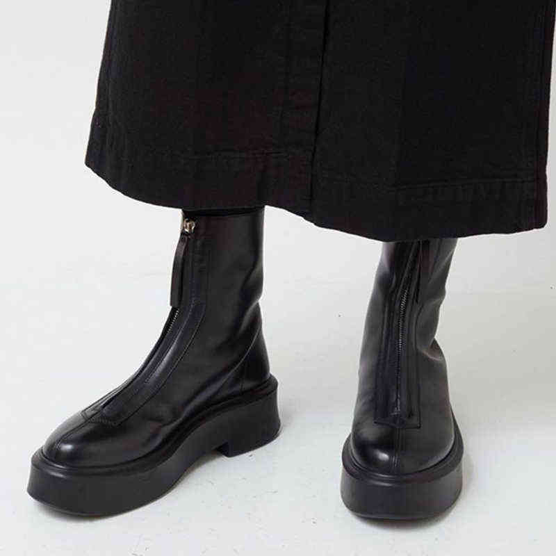 

Boots Brand Ankle Genuine Leather Thick Sole Motorcycle Women Zipper Round Nose Winter Platform Woman Short 220811, Black
