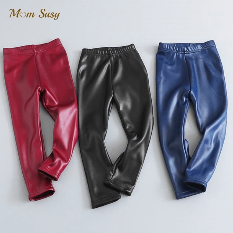 

Fashion Baby Girl PU Leather Legging Velvet Toddler Teen Child Pencil Pant Warm Trousers Winter Kid Clothes 214Y 220614, Blue thin
