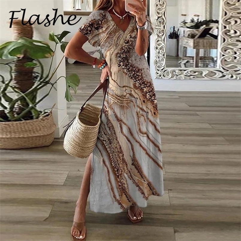 

Summer Beach Maxi Dress Women Vintage Print Party es For Short Sleeve Casual V Neck Split Sexy Long Robe 220613, 04