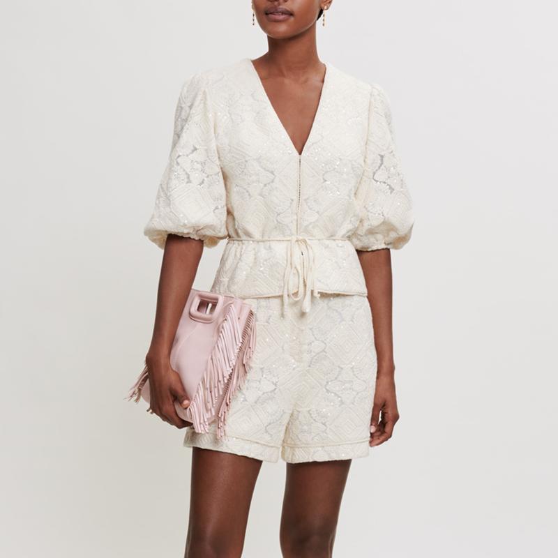 

Women' Tracksuits Ladies Sequin Embellished Floral Embroidered V-Neck Top And Shorts Set 2022 Style, White shorts