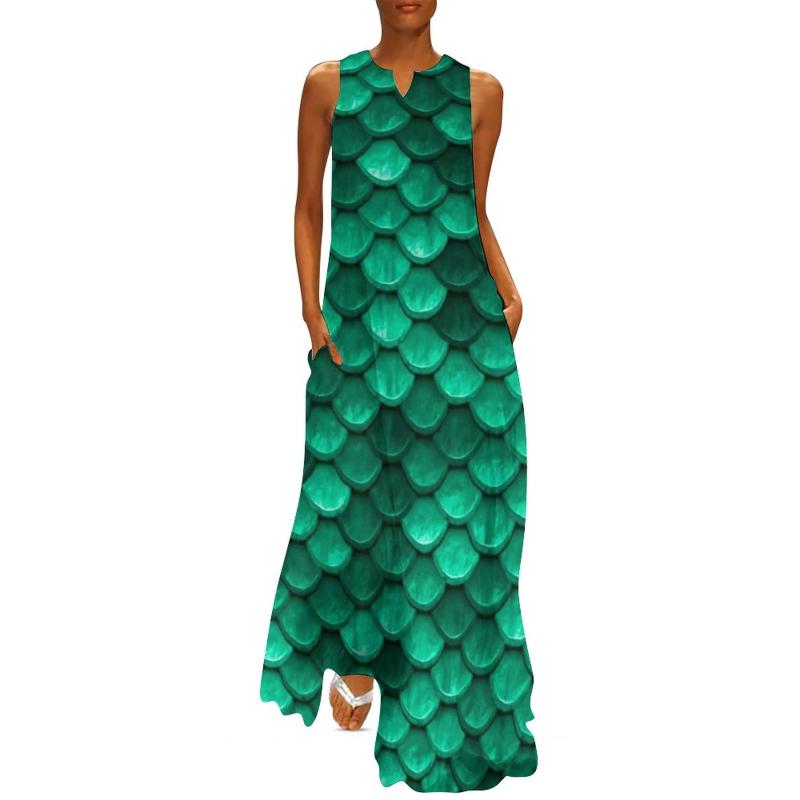 

Casual Dresses Mermaid Green Dress Beautiful Fish Scales Trendy Maxi V Neck Print Boho Beach Long Streetwear Oversized VestidoCasual, Style-13