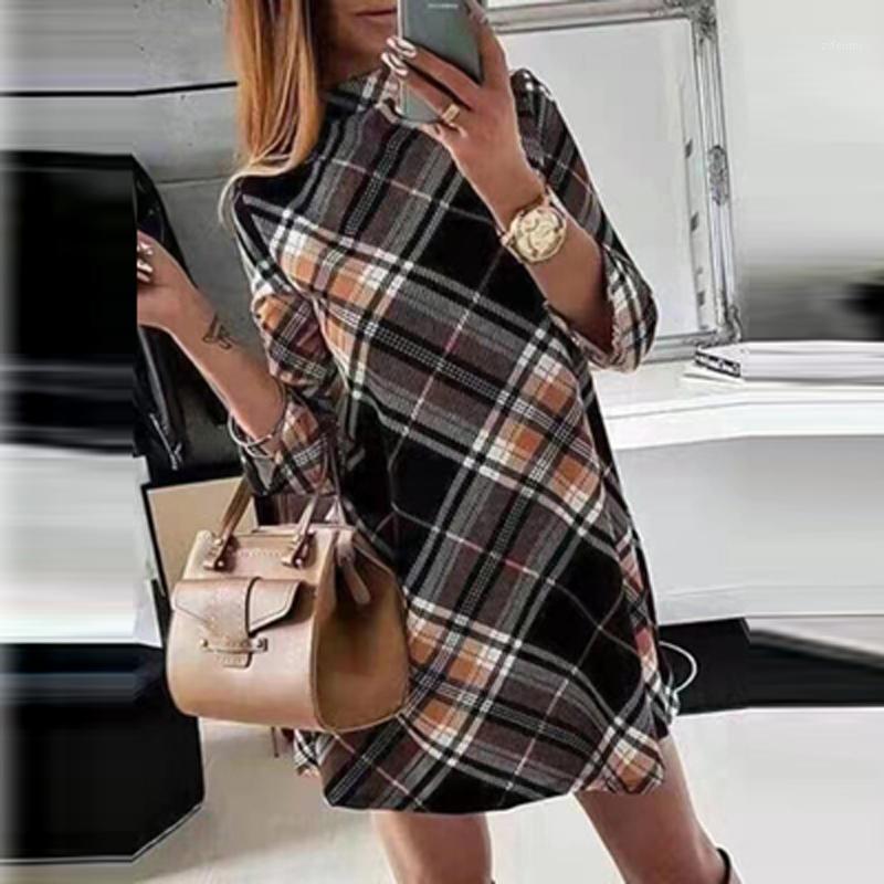 

Casual Dresses Women Plaid Print Dress Ladies O Neck Fashion Mini Long Sleeve Female Elegant Autumn Vestidos, 03 khaki