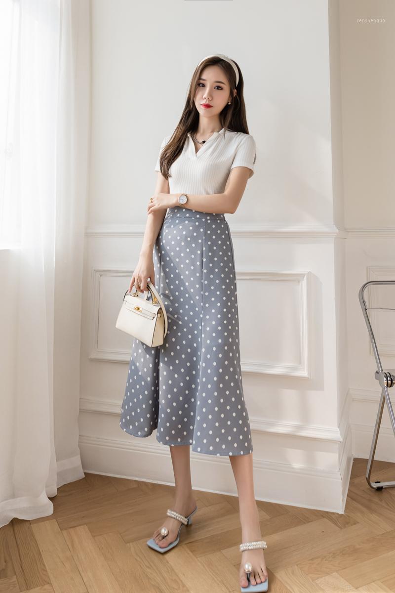 

Skirts Summer Wave Point Korean-style A-line Skirt High-waist Womens Elegant Evening Dress 2022The, Black