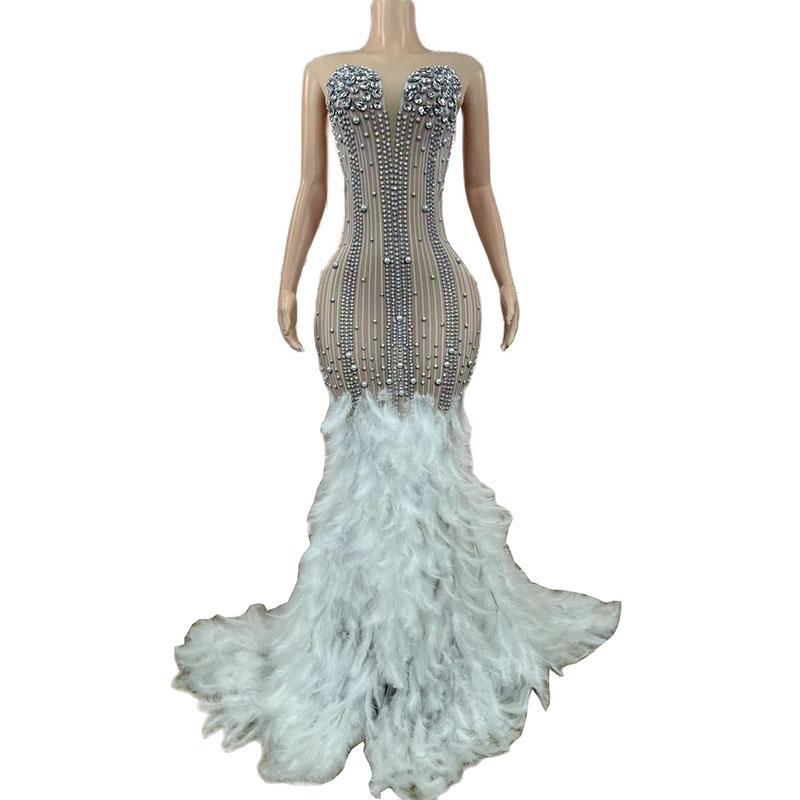 

Stage Wear Women Birthday Celebrate Evening Elegant Rhinestones White Feather Long Tail Dress Prom Gown Sexy Transparent WearStage