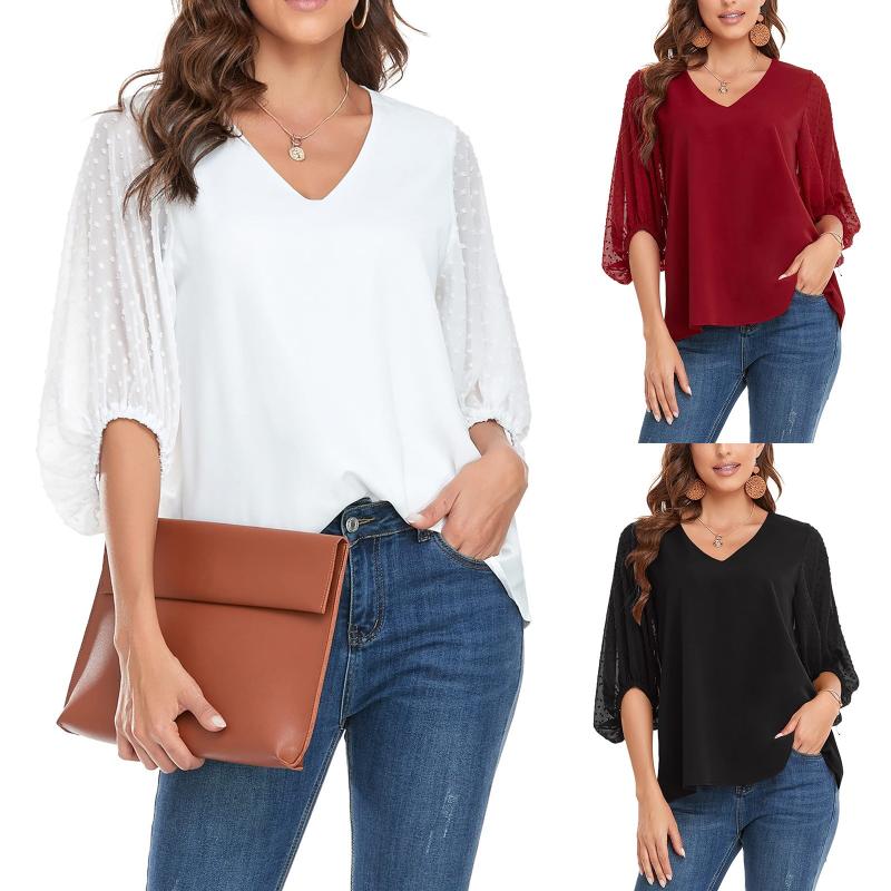 

Women' Blouses & Shirts Loose Women Tops Casual Soild Color V-Neck Ruffle Chiffon Mesh Half Sleeves Daily Lady Office White Shirt Summer V, Red