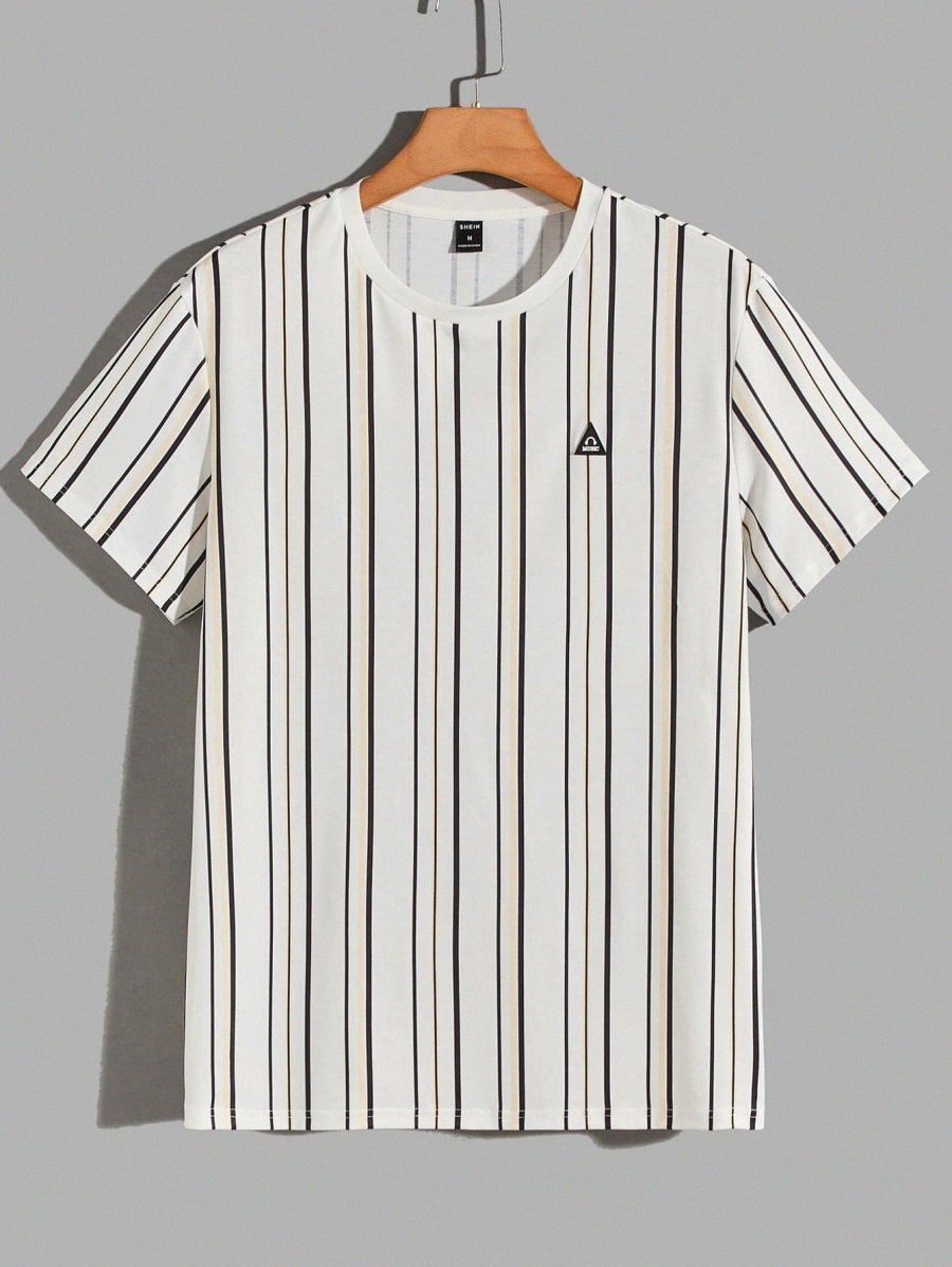 

men Vertical Striped Letter Patched Detail Tee Y4b7#, Multicolor