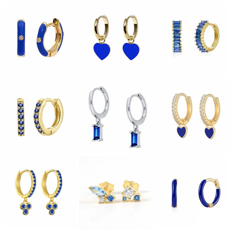 

Hoop & Huggie Aide Silver Color Blue Crystal Series Earrings For Women Fashion Enamel Dripping Oil Heart Charm Piercing Party EarringsHoop