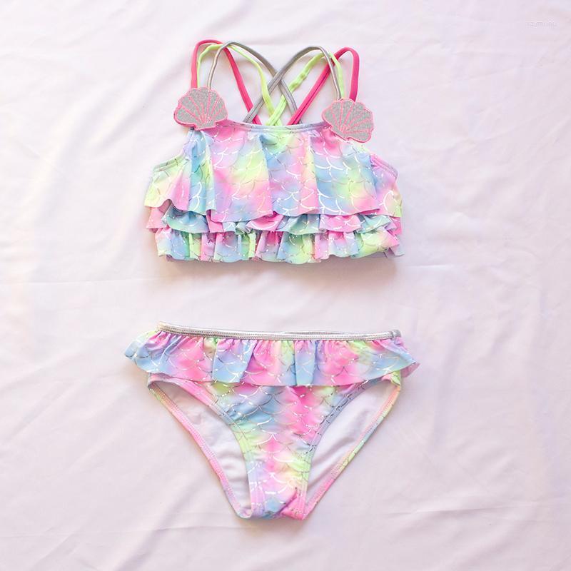 

Women's Swimwear 3-8 Years Shell Kids Girls Bikinis Set 2022 Children Falbala Swimsuit Rainbow Kid Girl Biquini Infantil Bathing SuitWomen's
