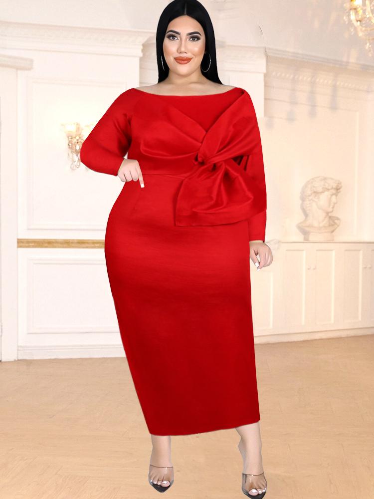 

Plus Size Dresses Red Long Sleeve Women Cocktail Evening Birthday Party Gowns Bodycon Outfits 4XL For Ladies With Bowtie