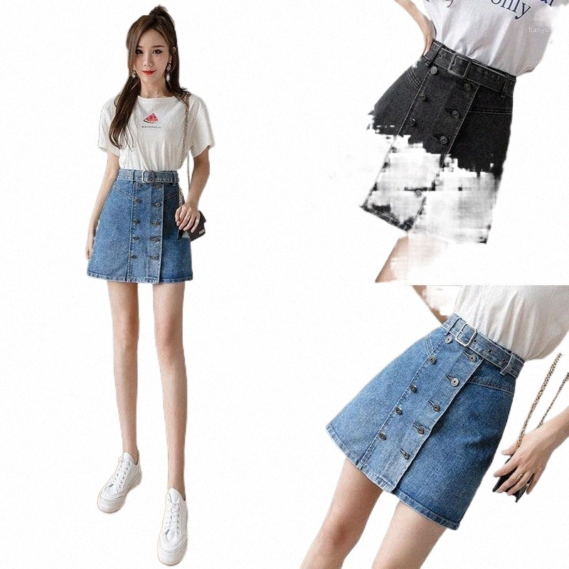 skirts 2022 All-Match Sashes Solid Mini Womens Jeans With Belt Sumemr Double Breasted Black Denim Skirt A-Line E6as#-image-794027152