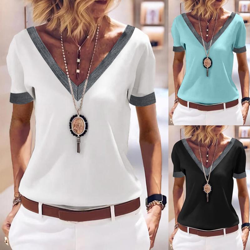 

Women' Blouses & Shirts Feitong Shirt Casual Solid V-neck Blouse Splice Short Sleeve Loose Tops Summer 2022 Fashion, Green