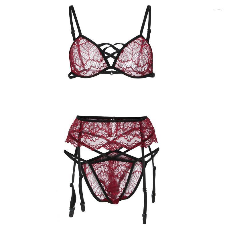 

Bras Sets 3 Pcs Women Lace Sexy Red Lingerie Straps Bra Panty Garter Set Underwear Babydoll Mujer Costumes Ropa Interior Femenina