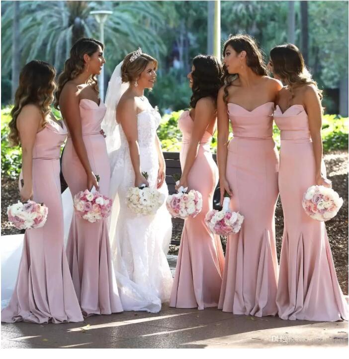 

2022 New Blush Pink Sweetheart Satin Mermaid Long Bridesmaid Dresses Ruched Floor Length Wedding Guest Maid Of Honor Prom Gowns BM0732 C0324