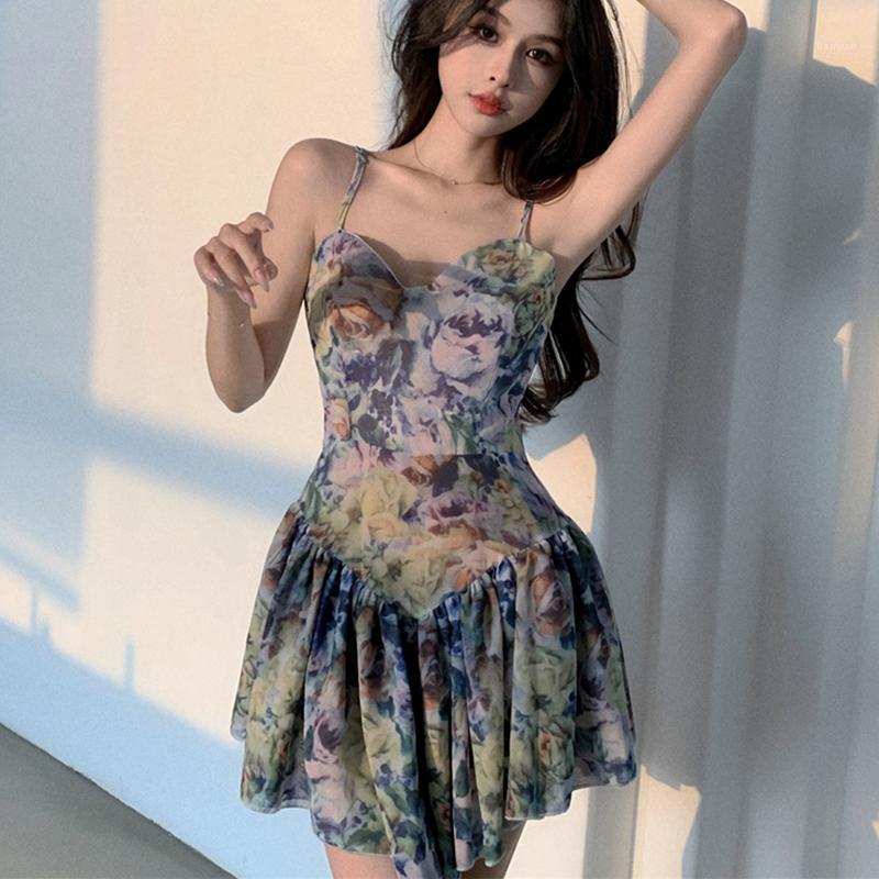 

Casual Dresses Summer Style Printing Retro Robes Woman Dress One-shoulder Temperament Slim Korean Version For Women, Green