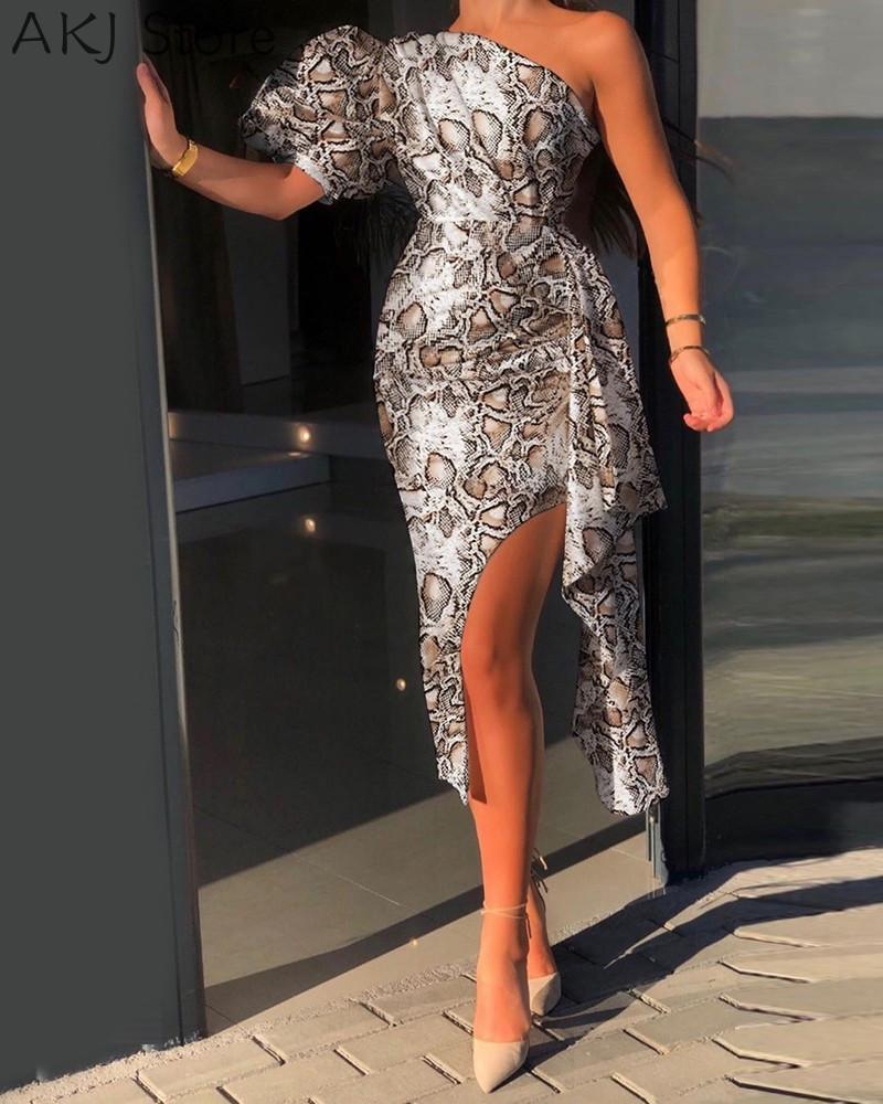 

Casual Dresses One Shoulder Snakeskin Print Slit Ruffles Dress, Gray
