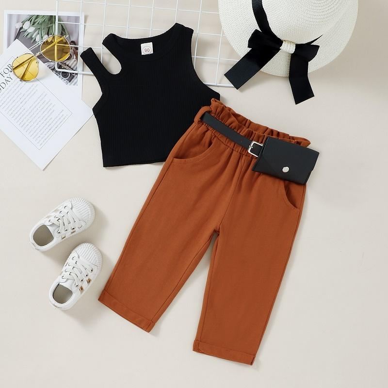 

Clothing Sets Summer Baby Clothes Fashion Sexy Girls Knit Sleeveless Top Suit Kids Solid Color Tank Trousers Waist Bag Casual SuitClothing, As picture