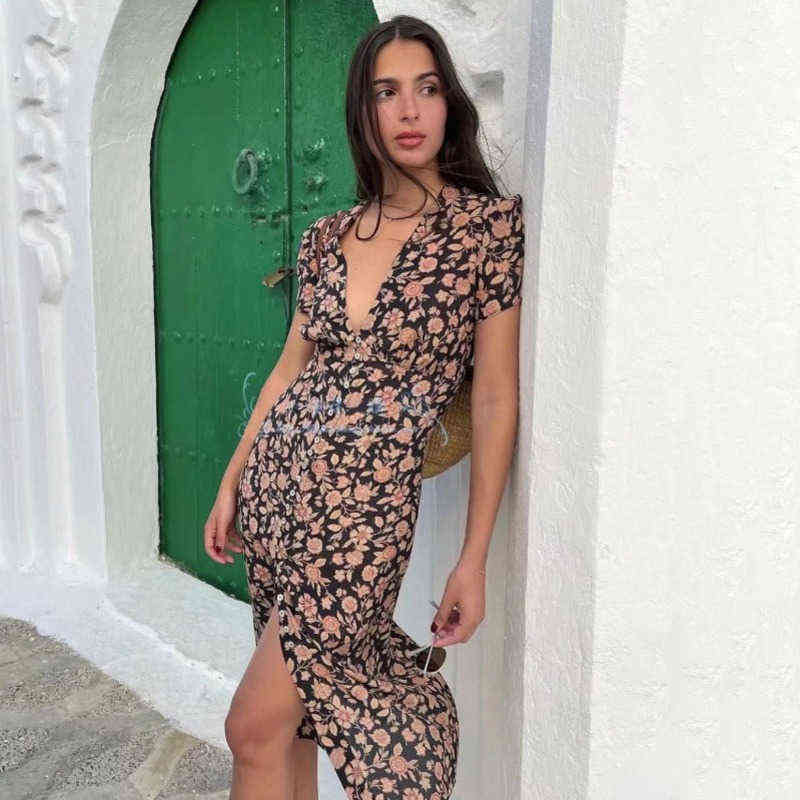 

2022 Summer Women V-Neck A-Line Skirt Sexy Short Sleeve Single Breasted Print Dresses Fashion Casual Home Floral Dress For Women Y220401, Picture color