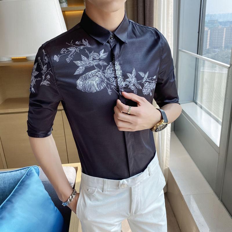 

Flower Shirt Summer Men Slim Fit Half Sleeve Streetwear Camisa Masculina Male Social Night Club Tuxedo Men's Casual Shirts, Black