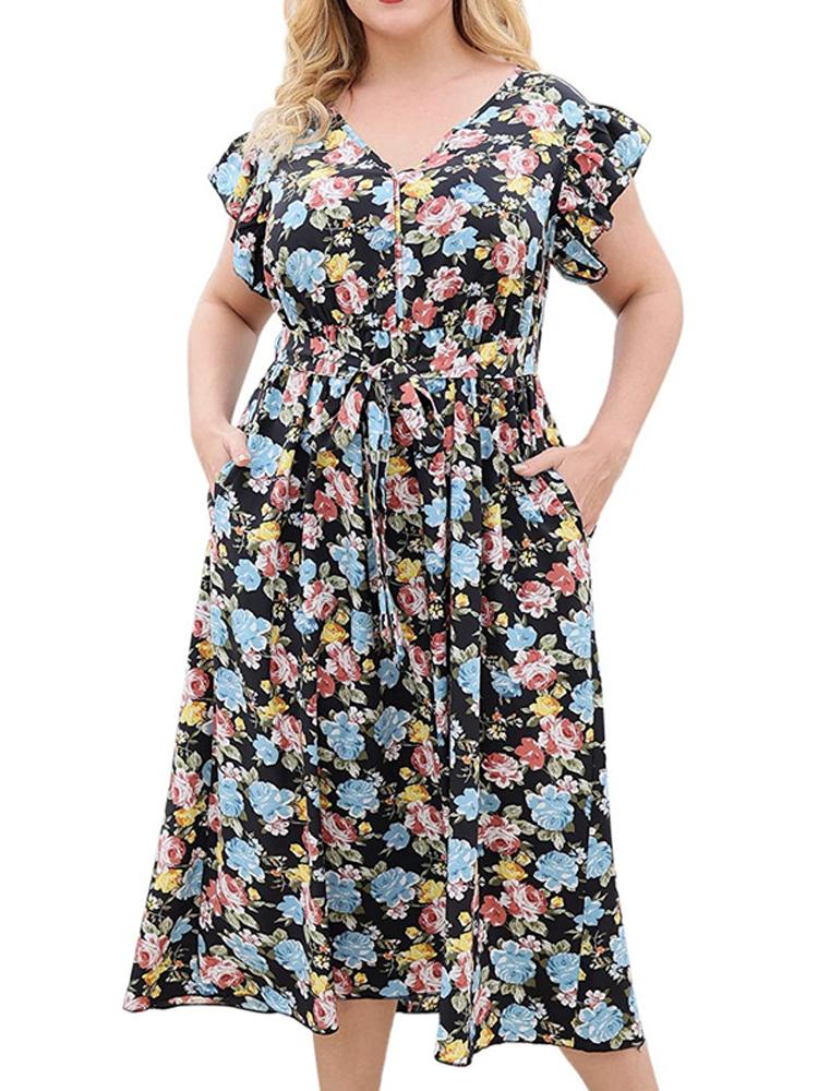 

Plus Size Dresses Fashion Summer Dress Women V Neck Ruffles Short Sleeve Floral Print Casual Beach Pockets High Waist Long DressesPlus