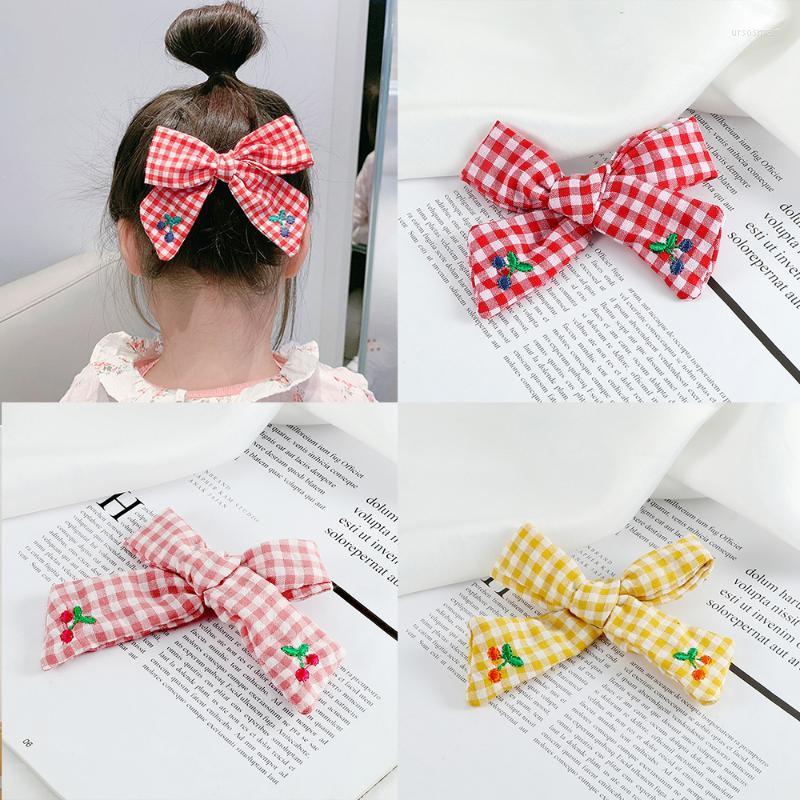 

Hair Accessories Sweet Bowknot Clip Cherry Embroidery Hairpin Lovely Colorful Plaid Barrette Safety Headwear For Women Girl Kids, Yellow