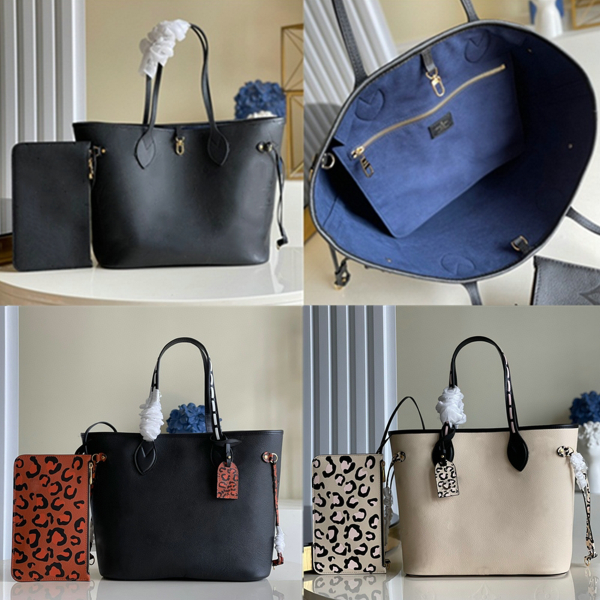 

Black White Emboss Cowhide Totes 2pcs Onthego Designer Luxury Handbags Women Shopping Bag Lady Purses Shoulder Crossbody Bags, Bubble paper package