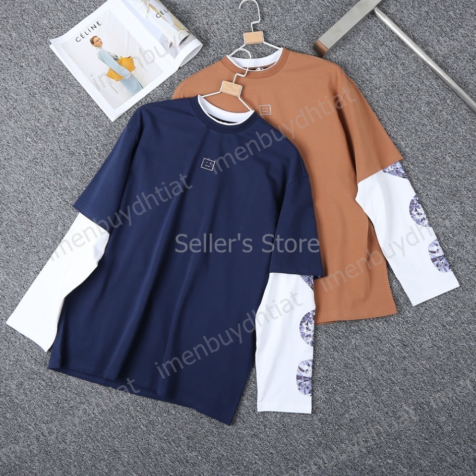 2022 Nordic Luxury Brand AC Studios Summer Summer Short T-shirt Designer Fake Two Piece Cousued Smiley Face Diamond Imprimé pour hommes et femmes