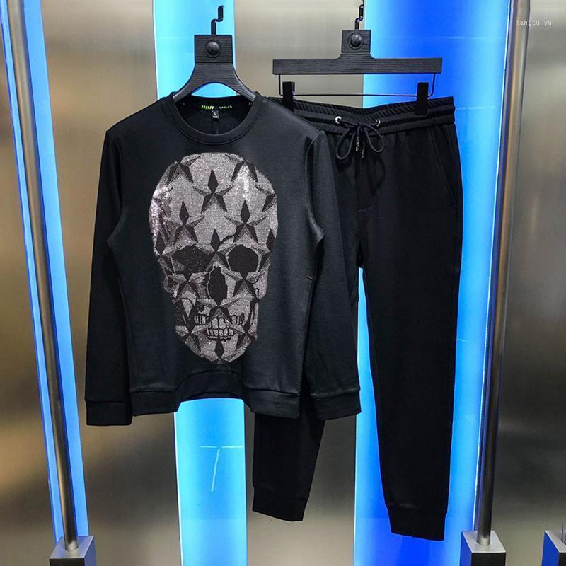 

Men's Tracksuits Fashion Sets Exaggerated Young Diamond Star Skull Pattern Plus Velvet Thick Hoodie Winter And Women's Tracksuit, As shown asian size