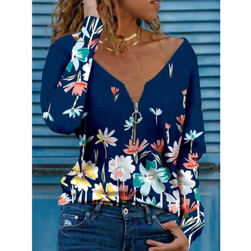 

Women' T-Shirt Sexy V Neck Floral Print Zipper T Shirt Women Spring Long Sleeve Oversized Casual Loose Tops Tee Vetement Femme, Blue top