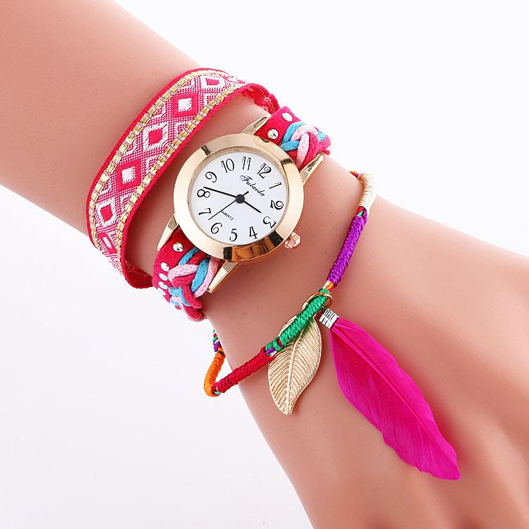 

Wristwatches 100pcs/lot Exclusive Big Feather Wrap Around Leather Watch Fashion Weave Braided Lady National Wristwatch Quartz Casual WatchWr, Brown