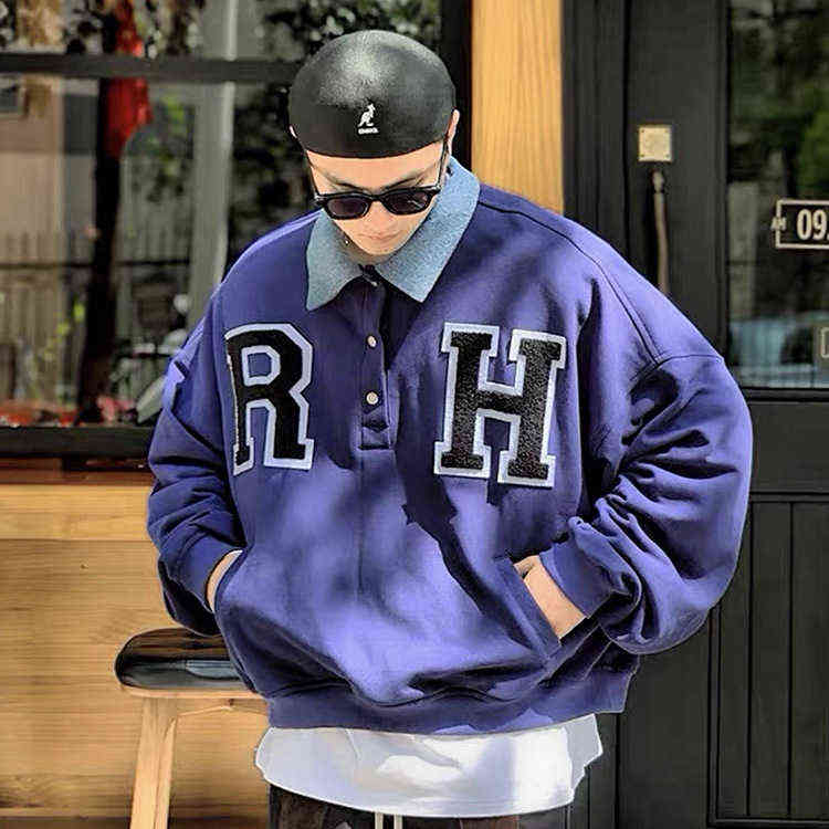 Rhude Embroidered Denim Collar Patchwork Sweater American Street Trend Loose Polo Pullover Casual Men