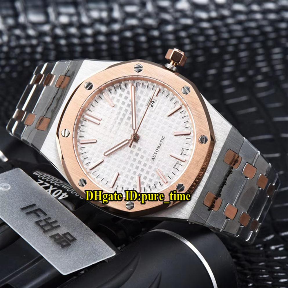 

41mm Royal Date 15400SR.OO.1220SR.01 White Texture Dial 15400 Automatic Mens Watch Two Tone Rose Gold Band High Quality Gents Watc307h, A-b01e