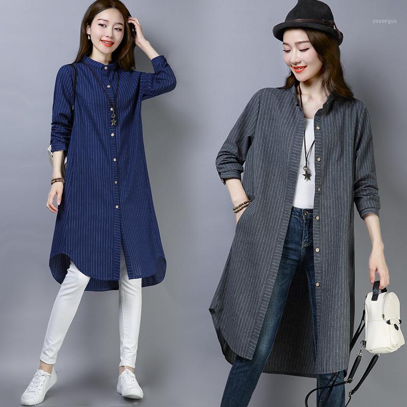 

#0463 Shirt Plus Size Spring Summer For Women Long Sleeves Striped Single breasted Cotton Linen Casual Loose Asymmetrical Blouse Women's Blo, Gray