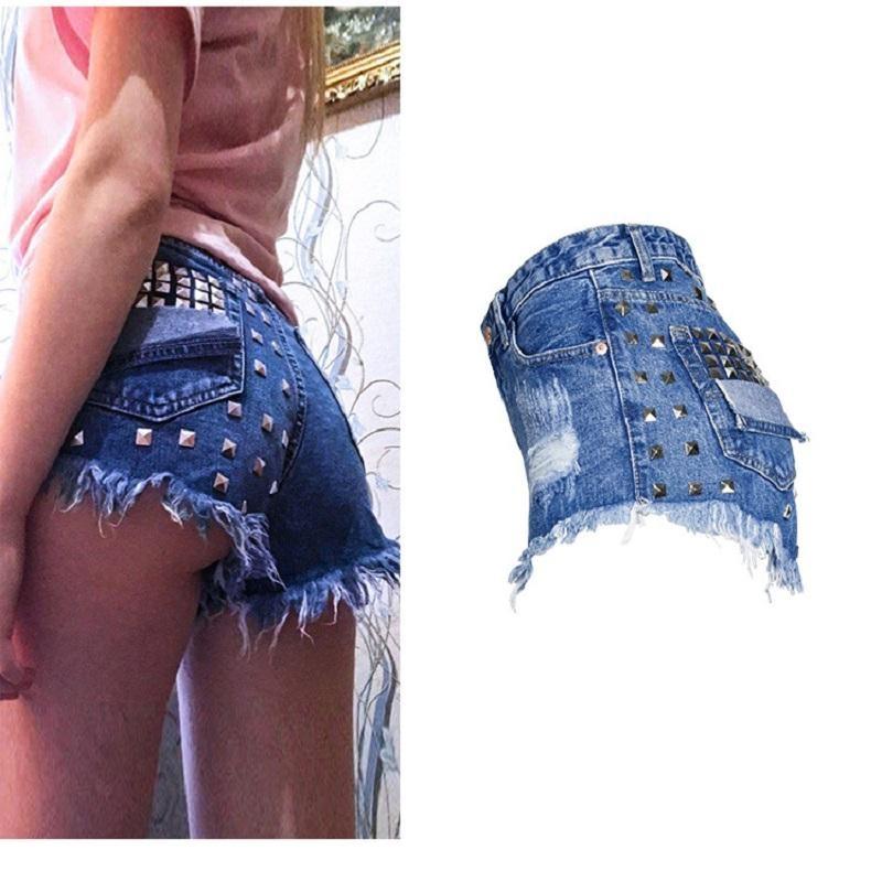 

Men's Jeans Arrival Summer Style Fashion Sexy Ripped Rivet Solid High Waist Night Club Denim ShortsMen's, Blue