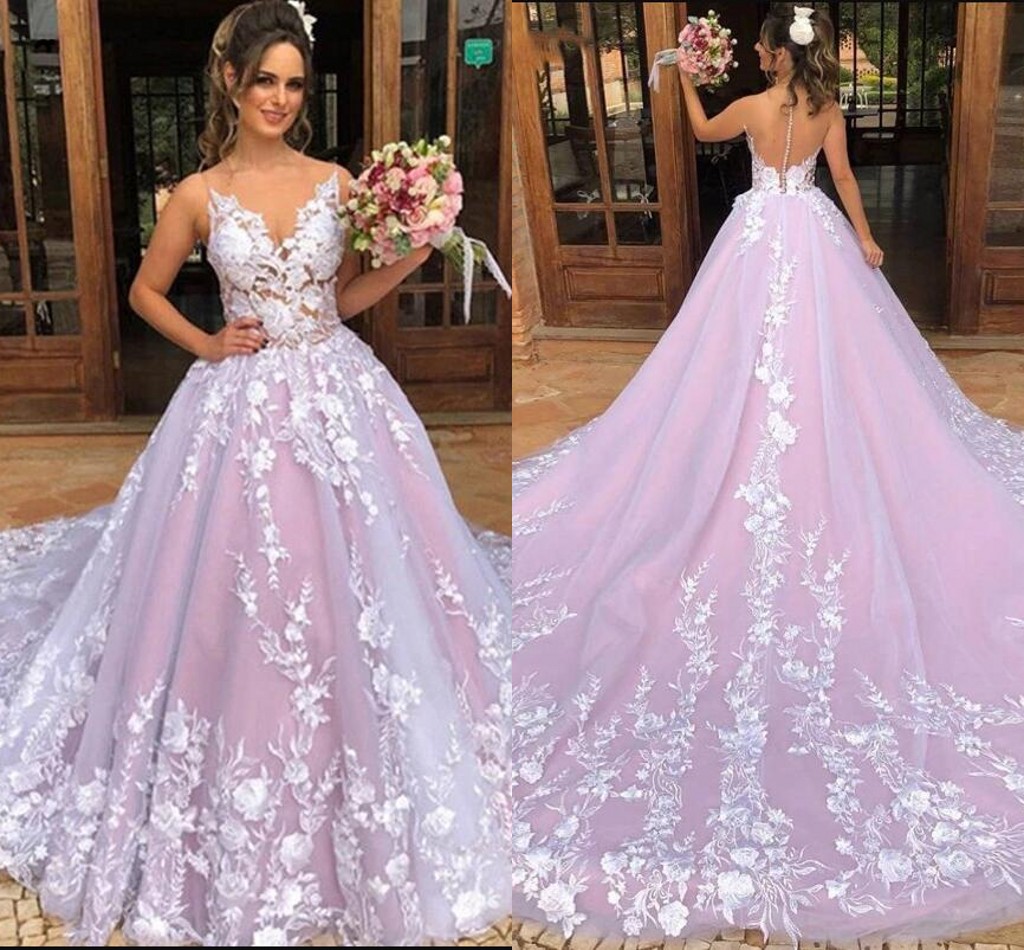 2022 Amazing Floral Lace Wedding Dresses Pink Princess A-line Tulle V-neck Party Bridal Dress For Bride Buttoned Zipper Court Train-image-760254227
