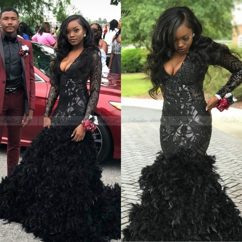 2022 New Bling Black Mermaid Long Sleeve Feather African Prom Dresses with Train Deep V-Neck Plus Size Graduation Party Dress Formal Gown VOG343