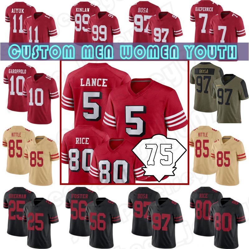 

San Trey Lance George Kittle Football Nick Bosa Jerseys Jimmy Garoppolo Jerry Rice Colin Kaepernick Francisco Fred Warner Patrick Willis 49ers''Joe Montana, Custom men +patch(49r)