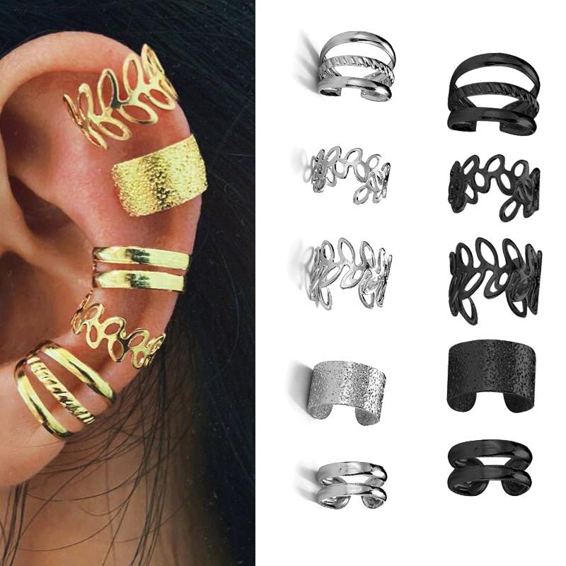 

Clip-on & Screw Back 5pcs Fashion Gold Color Leaves Non-Piercing Ear Clip Earrings For Women Simple Fake Cartilage Cuff Jewelry 2022
