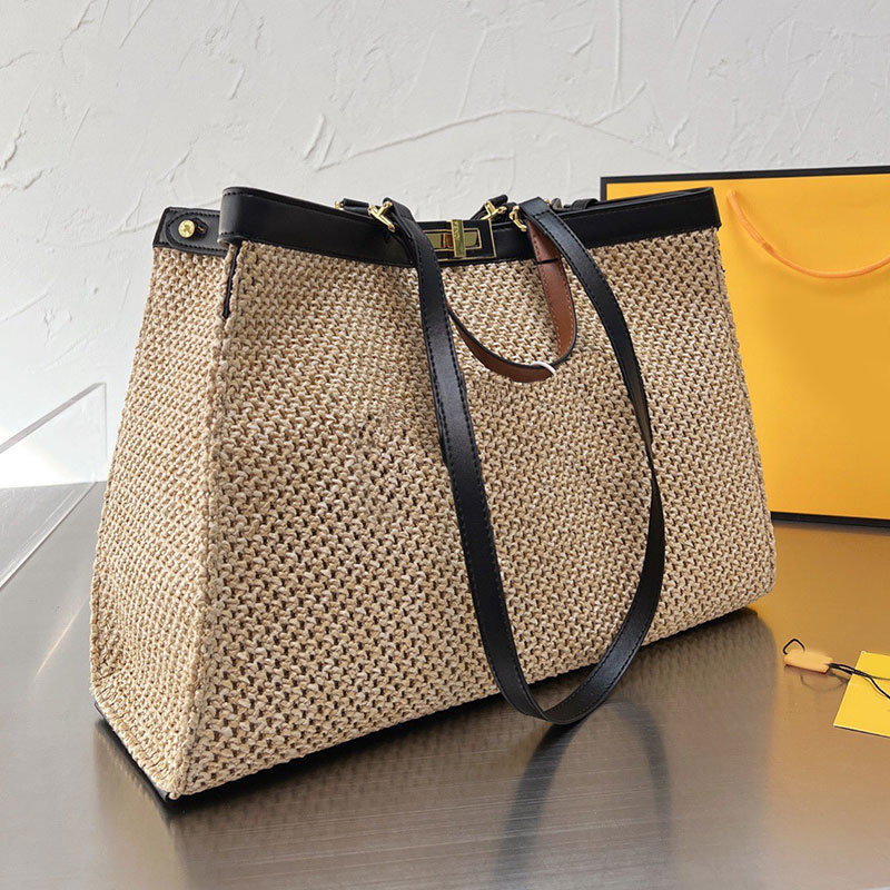 

Straw Bag Axillary Shoulder Handbag Women Shopping Bags Summer Beach Straws Weave Tote Hollow Out Letter Leather Shoulder Strap Rotary Lock Opening Closing, Khaki