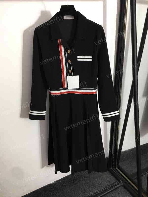 

Womens Designer Dresses Fashion Brand Striped Webbing And Received Waist Pleated Long Sleeve Dress Luxury Women Clothing