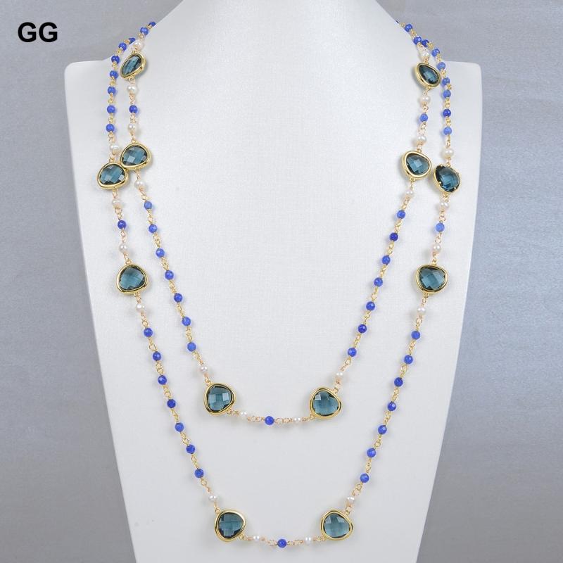 

Pendant Necklaces GuaiGuai Jewelry 54'' Natural Freshwater Cultured White Pearl Blue Crystal Sweater Chain Agates Necklace Cute Stly