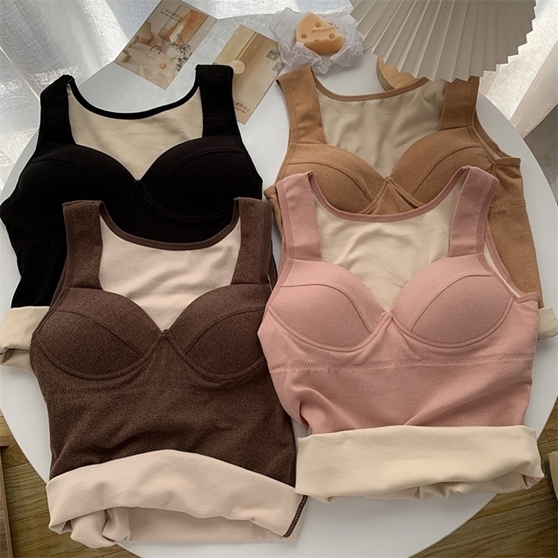 

T Shirt Women Elasticity T-Shirt Woman Clothes Slim Tshirt Female Sleeveless Sexy Velvet Tank Tops Crop Warm Winter 220318, Yn01- coffee-thick