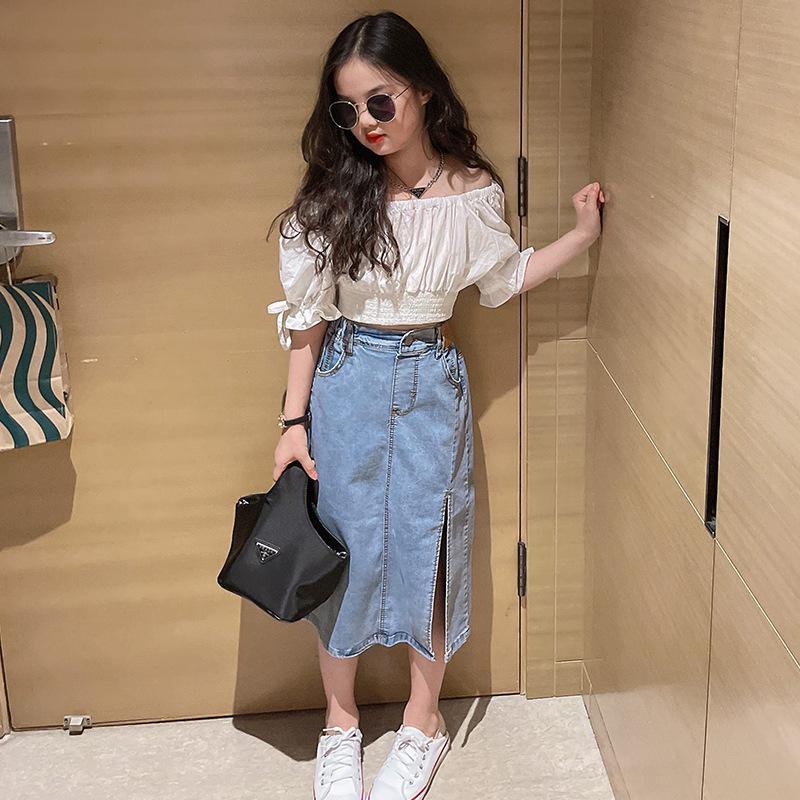 

Clothing Sets Teen Girls Denim Skirts Clothes Set Summer Shouldless White Shirt Fashion Outfits For Size 8 10 12 13 14 GirlClothing, 1 set
