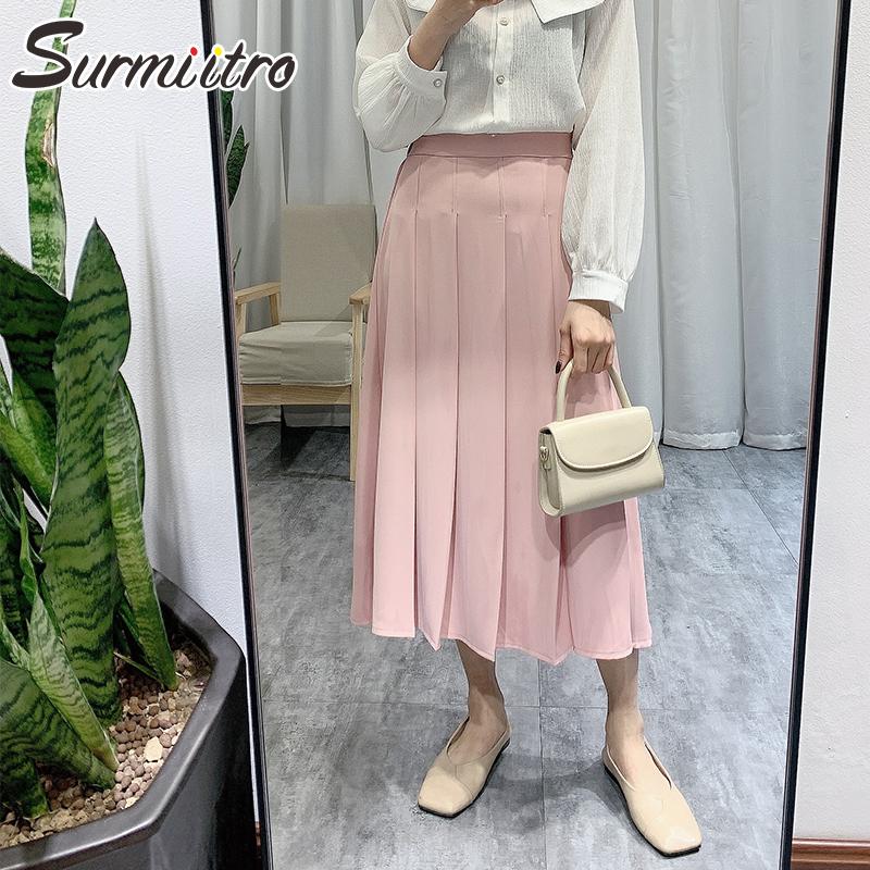 

Skirts Super Quality 2022 Autumn Winter Midi Skirt Women Korean Style Pink High Waist Sun Office Pleated Female OLSkirts, Black