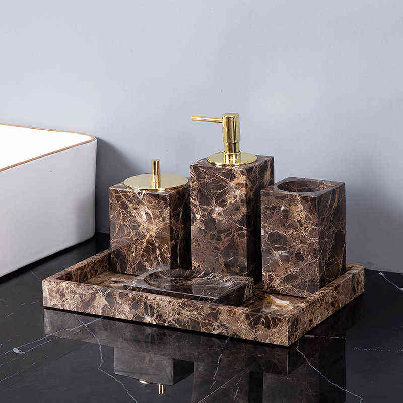 

Emperador Dark Natural Marble Bathroom Set Deep Brown Luxury Toothbrush Holder Soap Dish Soap Dispenser Bathroom Kit H220418