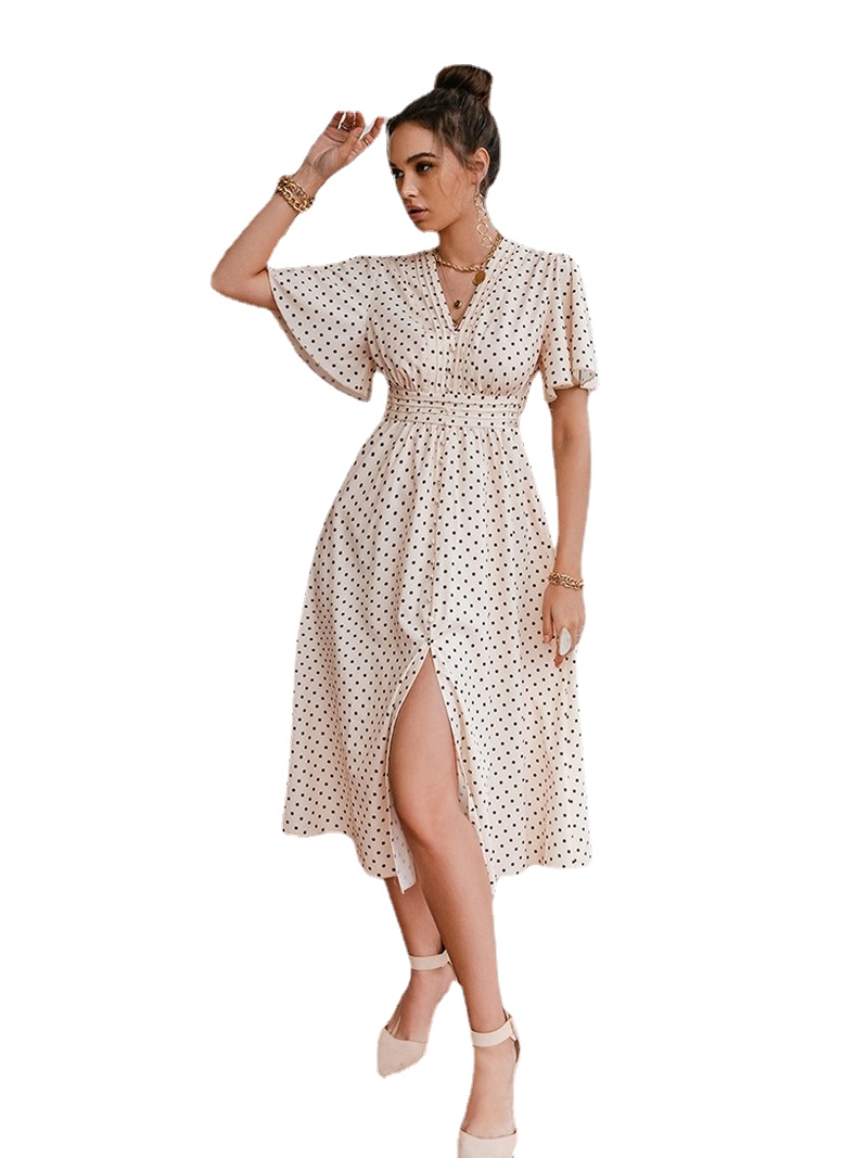

Simplee Chic polka dot botton a-line dress women Bell sleeve high waist maxi vestido elegant Office white dresses summer