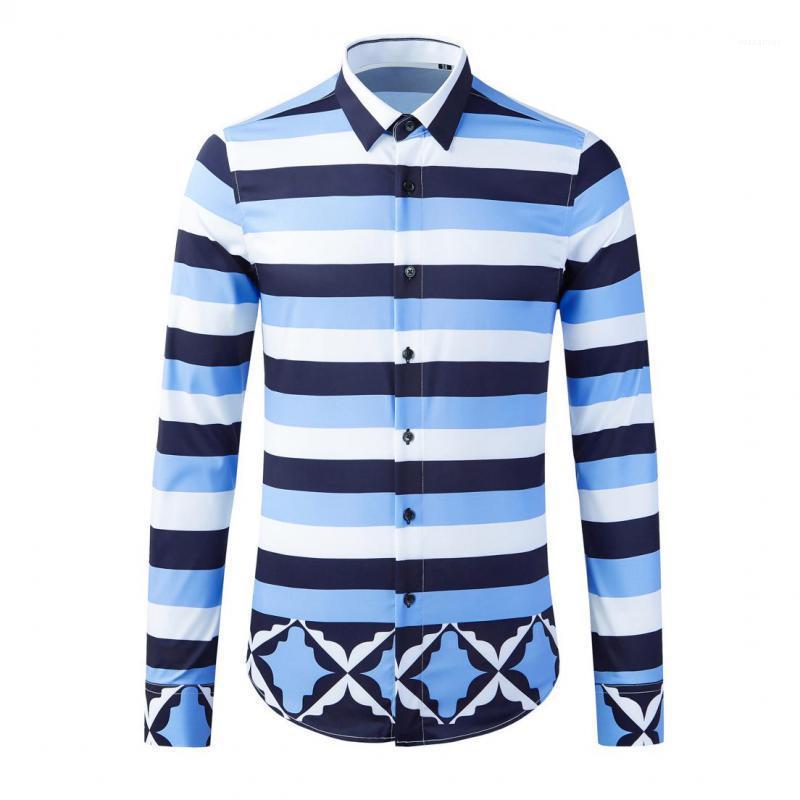 

Mens Shirts High Quality Stripes Digital Printing Long Sleeve Male Fashion Slim Fit Party Dress 3XL Men's Casual, Blue